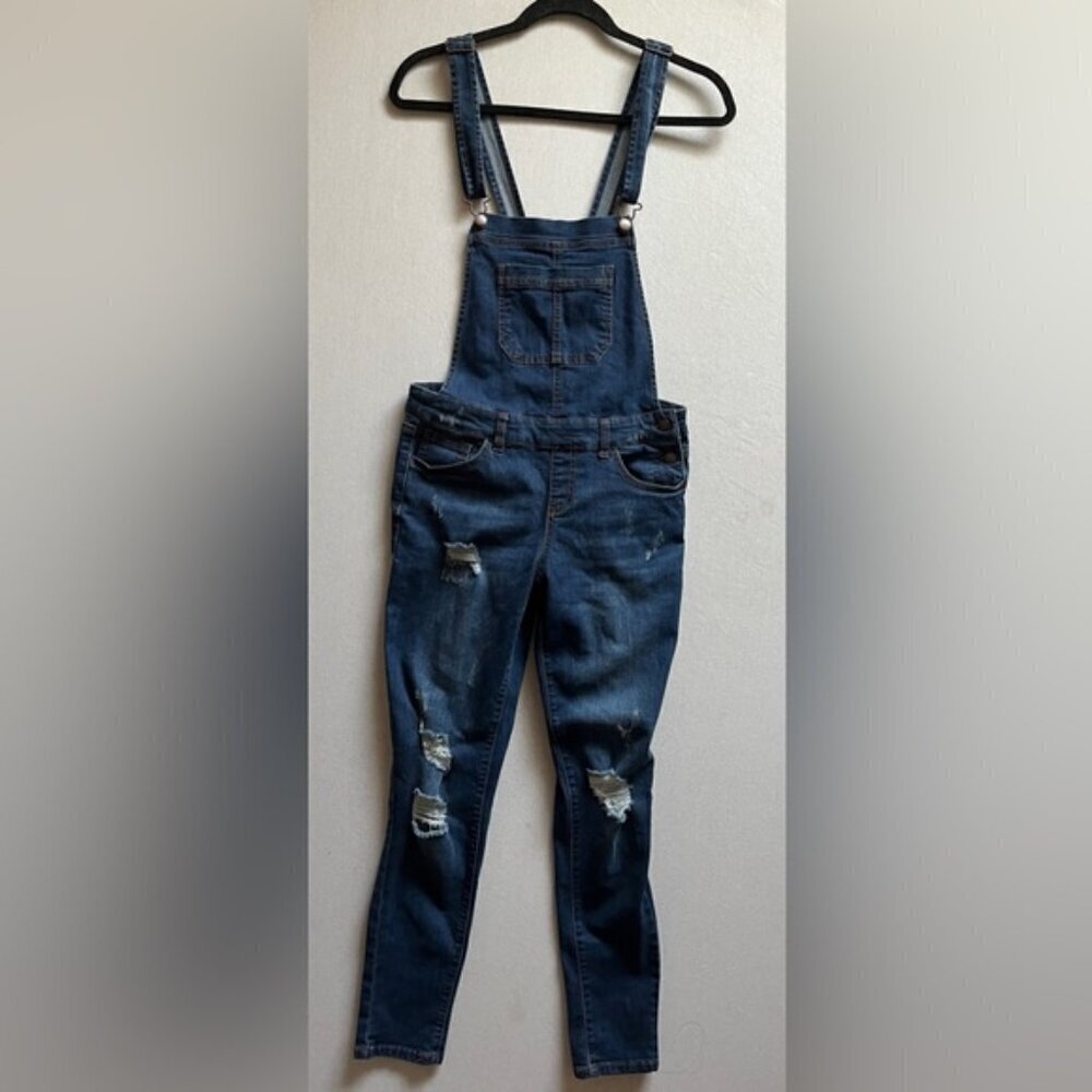Wax Jean distressed frayed slim denim jean overalls Sz M